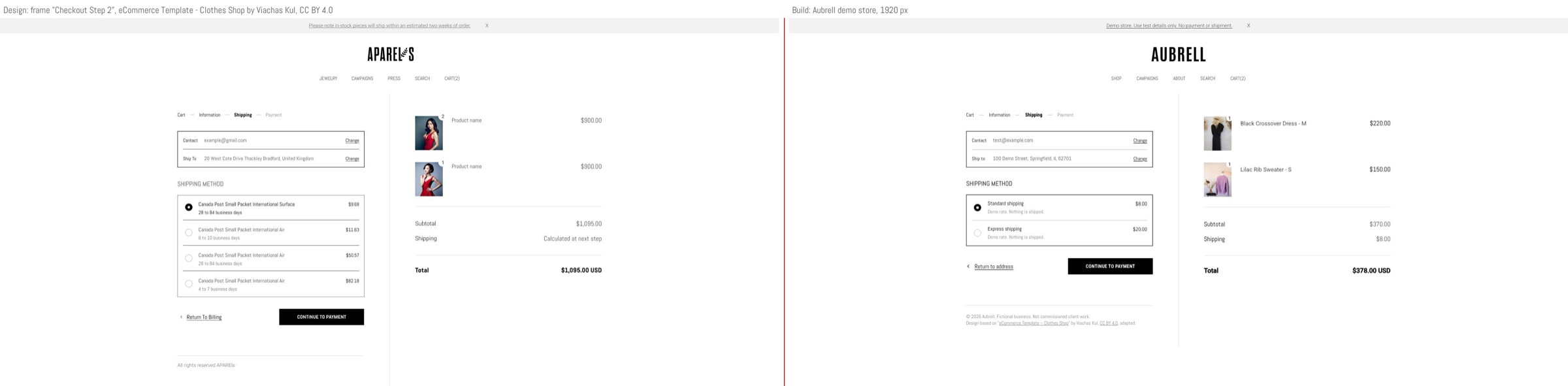 Checkout shipping step: the Figma frame and the built store side by side
