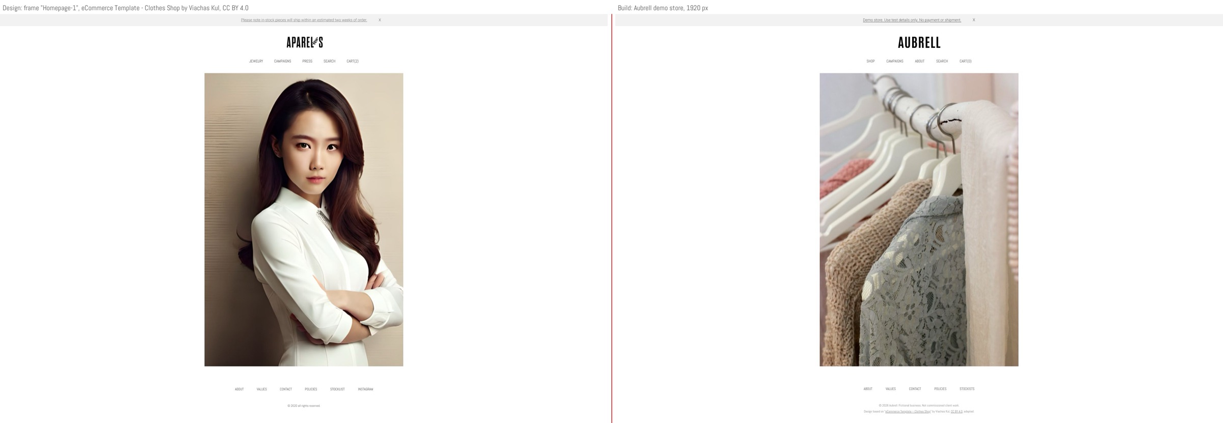 Aubrell home page: the Figma frame and the built store side by side
