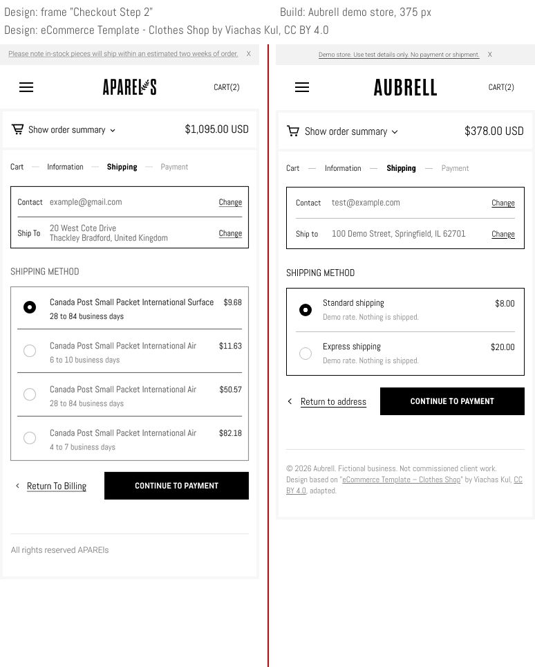 Checkout shipping step on a phone: frame and build