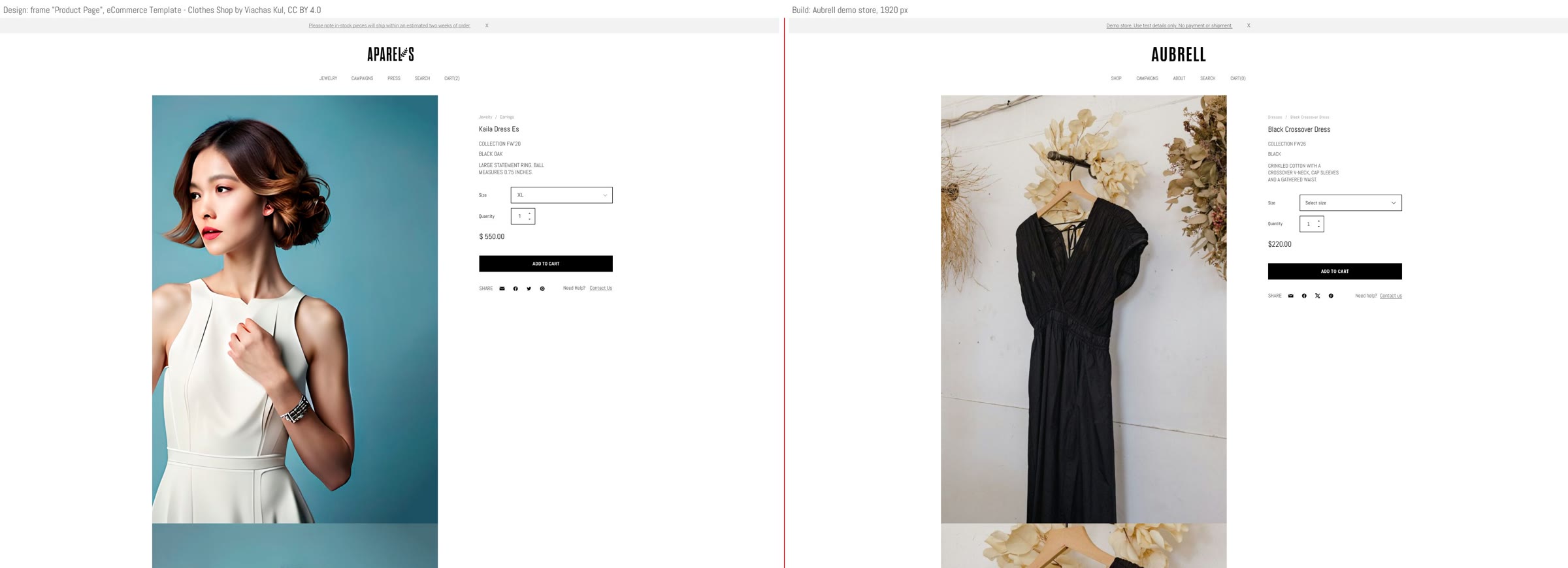Product page: the Figma frame and the built store side by side